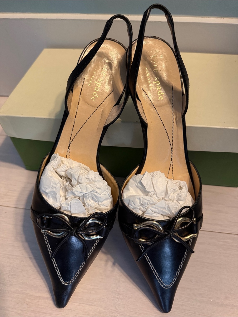 kate spade Lindsey Black Pointed Bow Slingback kitten heels sz 7